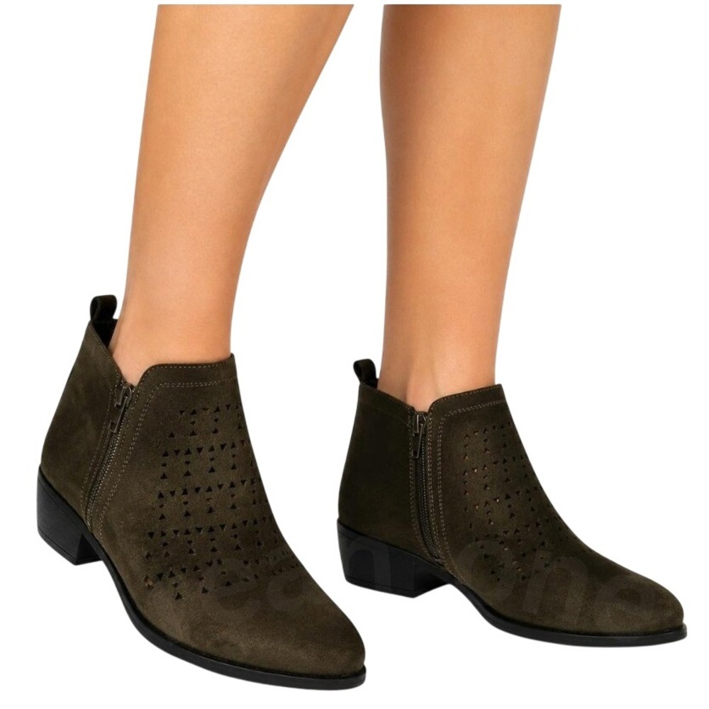 Ingaro ODE Suede Leather Side Zipper Ankle Booties Dark Olive Green Women's 10M